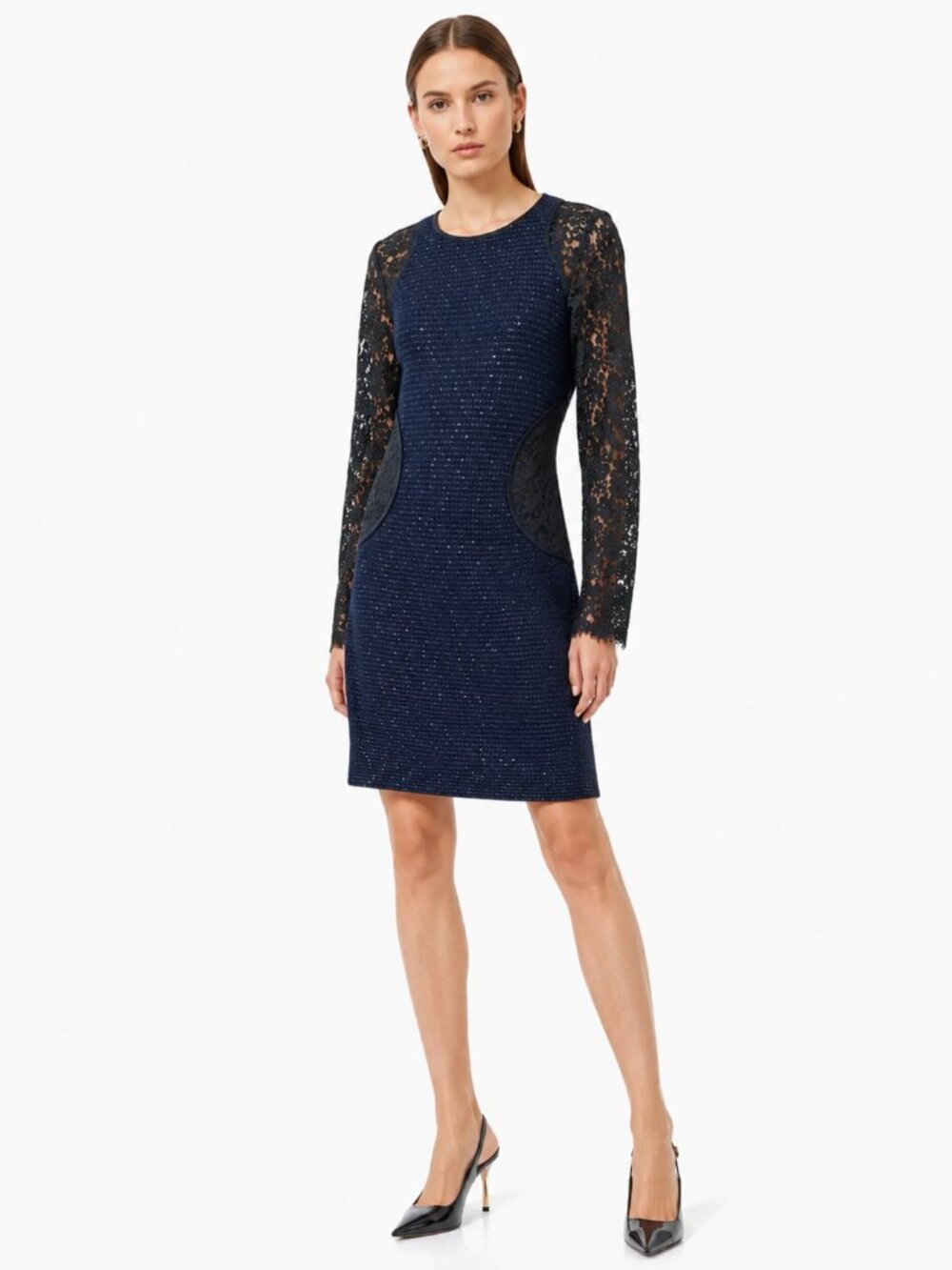 ST JOHN COUTURE NAVY KNIT BLACK SEQUIN AND LACE COMBO SHEATH DRESS - 6
